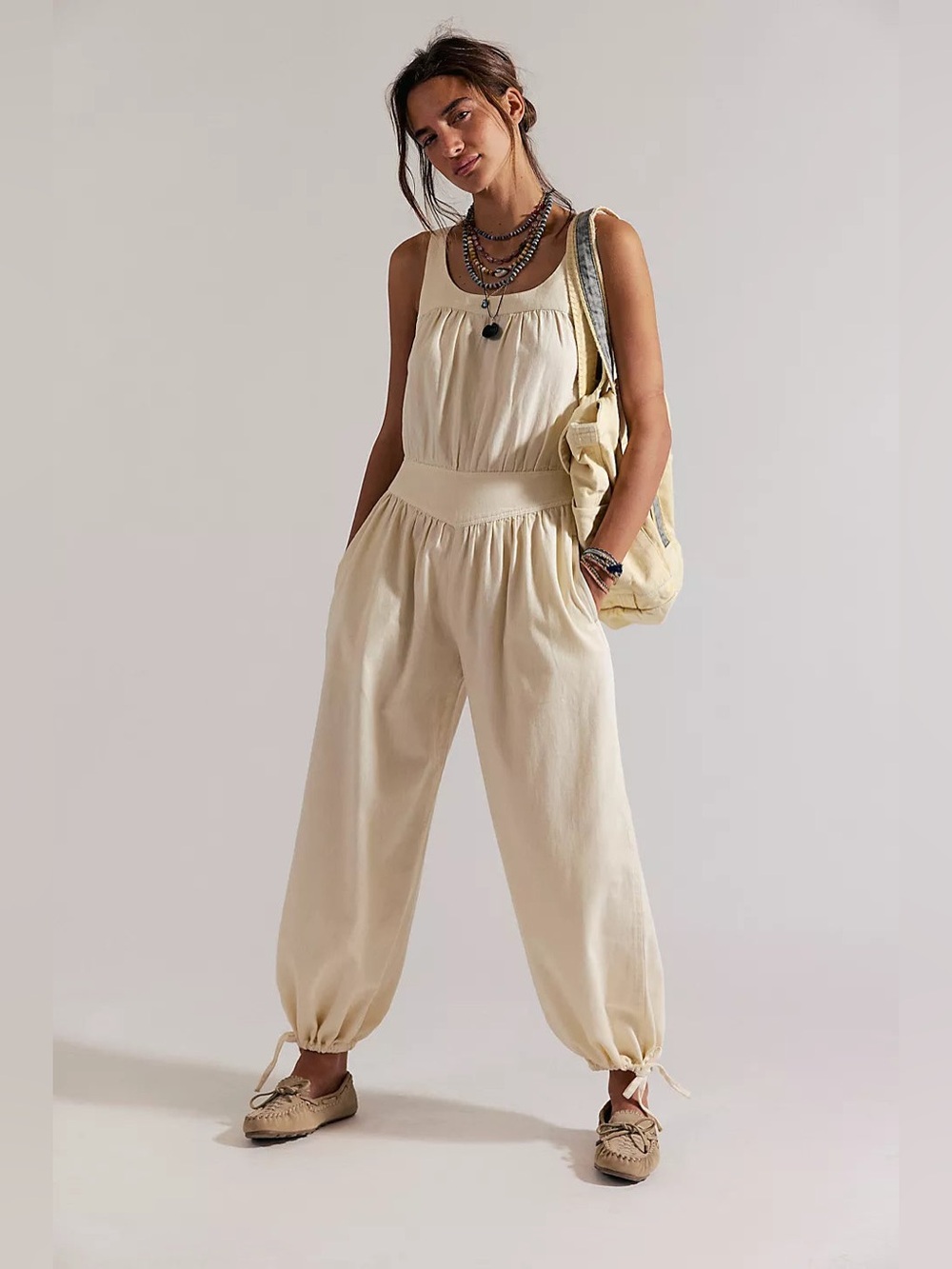 We The Free Cream Sleeveless Scoop-Neck Jumpsuit with Gathered Ankles